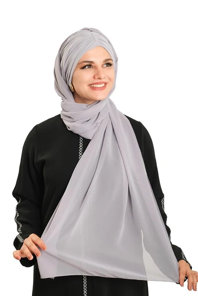 Gri Pratik Hazır Geçmeli Bone Şal Şifon Drapeli 2507_15 ürün görseli 1