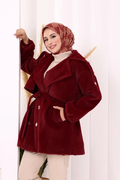 Düğmeli Kaban 70059 Bordo - Resim 5