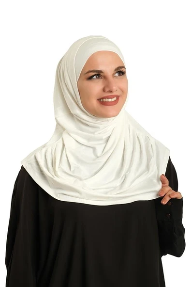 Krem Pratik Hazır Geçmeli Tesettür Eşarp Viskon Boneli Büyük Boy 1290BV_40 ürün görseli 1