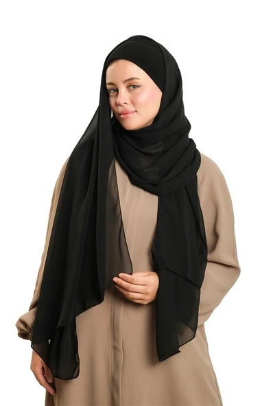 Siyah Pratik Hazır Geçmeli Bone Şal Şifon Düz 2506_01 ürün görseli 1