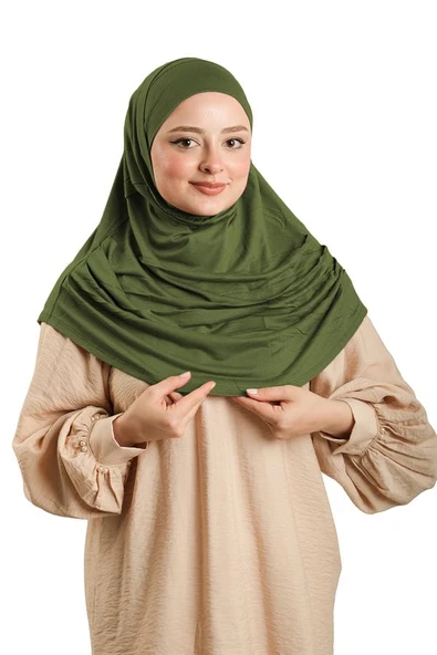 Haki Pratik Hazır Geçmeli Tesettür Eşarp Viskon Boneli Büyük Boy 1290BV_09 ürün görseli 1