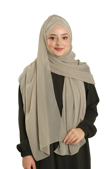 Bej Pratik Hazır Geçmeli Bone Şal Şifon Drapeli 2507_12 ürün görseli 1