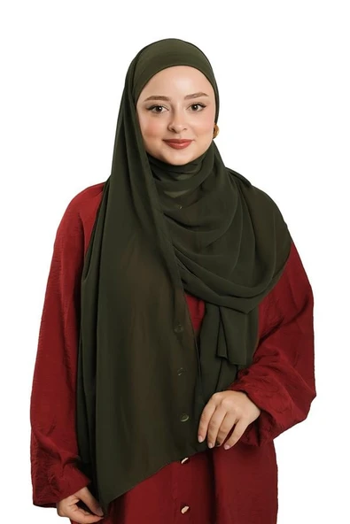 Haki Pratik Hazır Geçmeli Bone Şal Şifon Düz 2506_09 ürün görseli 1