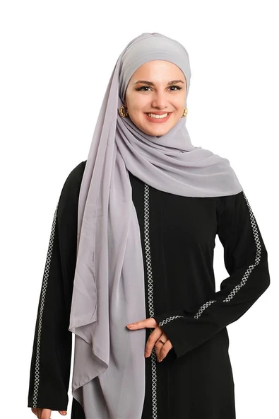 Gri Pratik Hazır Geçmeli Bone Şal Şifon Düz 2506_15 ürün görseli 1