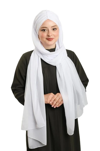 Beyaz Pratik Hazır Geçmeli Bone Şal Şifon Drapeli 2507_42 ürün görseli 1