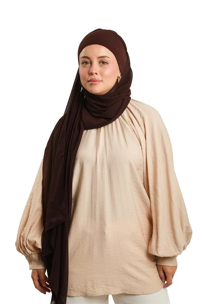 Kahve Pratik Hazır Geçmeli Bone Şal Şifon Düz 2506_14 ürün görseli 1