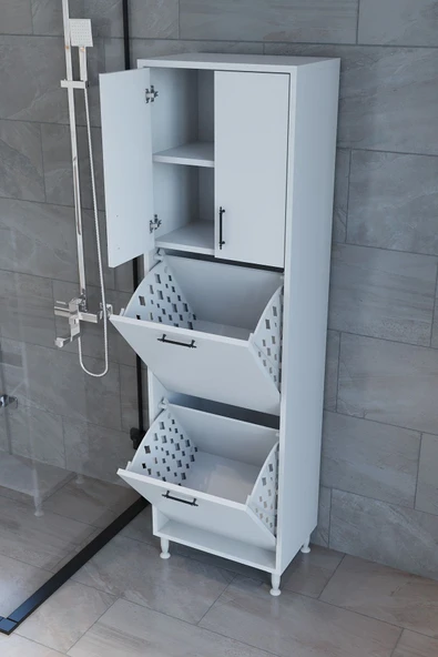 makbulce Nergiz Beyaz ve Renkli Kirli Çamaşır Sepetli Çok Amaçlı Banyo Dolabı ürün görseli 1