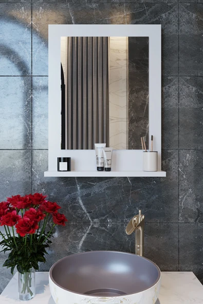 makbulce Safir Banyo Aynası, Dresuar,60x45 Beyaz Raflı Banyo Aynası ürün görseli 1