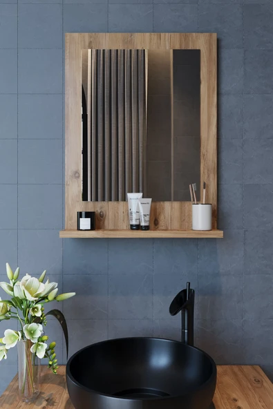 makbulce Safir Banyo Aynası, Dresuar,60x45 Atlantik Çam Raflı Banyo Aynası ürün görseli 1