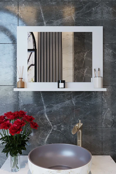 makbulce Yakut Dresuar,60x45 Beyaz Raflı Banyo Aynası Beyaz ürün görseli 1