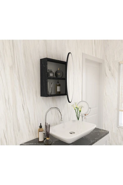 makbulce oval aynalı banyo dolabı-siyah mermer ürün görseli 1