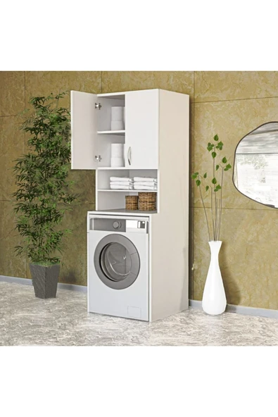 makbulce Papatya Çamaşır Makinesi Dolabı, Banyo Dolabı, 4 Raflı, Kapaklı, Beyaz Dolap ürün görseli 1