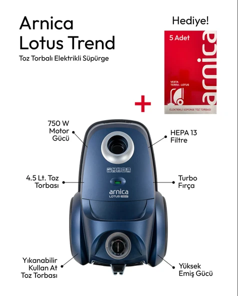 ARNİCA LOTUS TREND ET14000 TOZ TORBALI ELEKTRİKLİ SÜPÜRGE LACİVERT + TOZ TORBASI HEDİYELİ ürün görseli 1