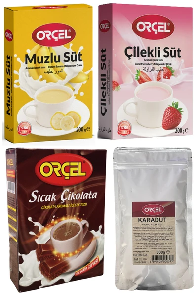 ORÇEL Sıcak Çikolata +Çilekli Süt +Muzlu Süt +Karadut Aromalı içecek Tozu Oralet 4 Adet ürün görseli 1