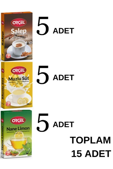ORÇEL 5 Muzlu Süt + 5 Salep + 5 Nane Limon Aromalı Içecek Tozu Oralet Çay 15x200gr. ürün görseli 1