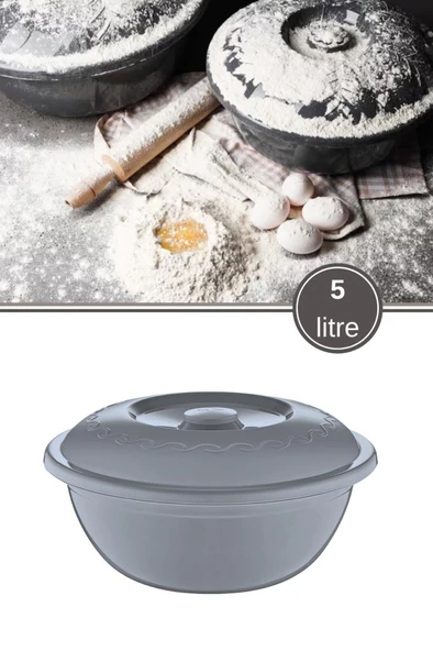 Kapaklı Hamur Leğeni 5 Lt, Çok Amaçlı Pasta Kek Hamur Yoğurma Çırpma Saklama Kabı Un Kutusu Gri ürün görseli 1
