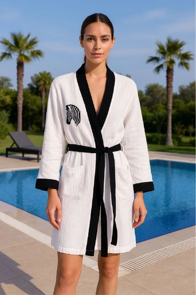 Baskılı Müslin Kimono Bornoz – Unisex | %100 Pamuk Yumuşacık 2 Katlı Doğal Kumaş - ZTMBB10  Zelda S/M ürün görseli 1