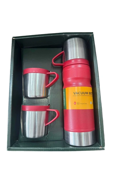 Thermohis 6158 Çelik Termos 3 Bardaklı Set KIRMIZI ürün görseli 1