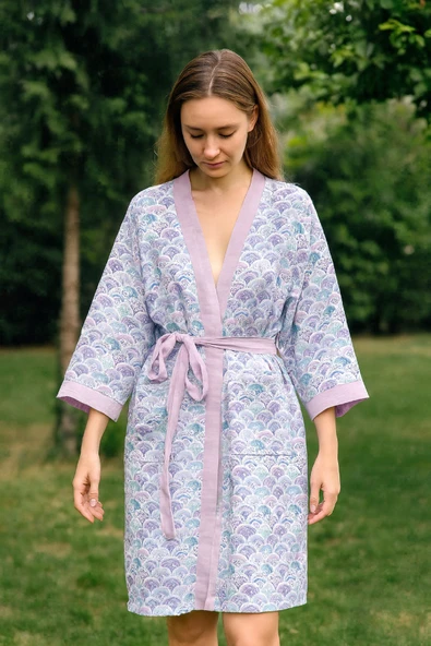 Baskılı Müslin Kimono Bornoz – Unisex | %100 Pamuk Yumuşacık 2 Katlı Doğal Kumaş - ZTMBB10  Caroline L/XL ürün görseli 1