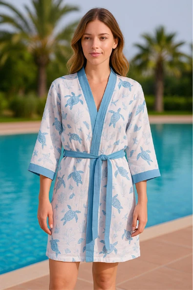 Baskılı Müslin Kimono Bornoz – Unisex | %100 Pamuk Yumuşacık 2 Katlı Doğal Kumaş - ZTMBB10  Victorie S/M ürün görseli 1