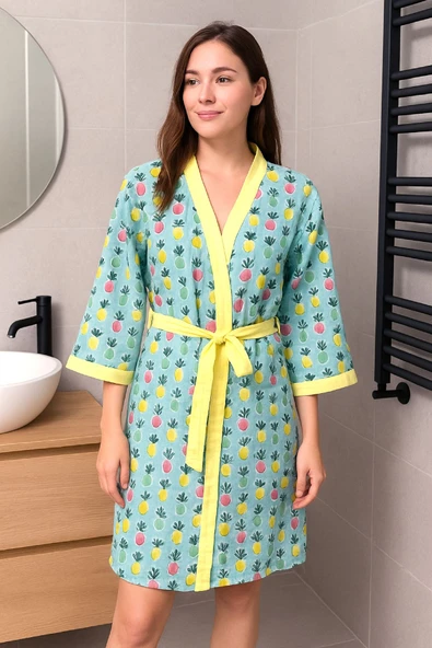 Baskılı Müslin Kimono Bornoz – Unisex | %100 Pamuk Yumuşacık 2 Katlı Doğal Kumaş - ZTMBB10  Anceli S/M ürün görseli 1