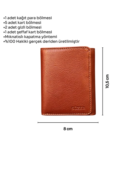 Üçe Katlamalı Model Mıknatıslı Hakiki Deri Erkek Cüzdan - Taba - Resim 6