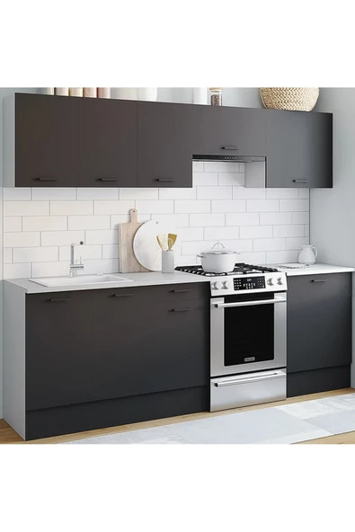 Tdesigno Vena Hazır Mutfak Dolabı240 Cm -Beyaz Laminat Tezgah Dahil-Antrasit-Mat ürün görseli 1