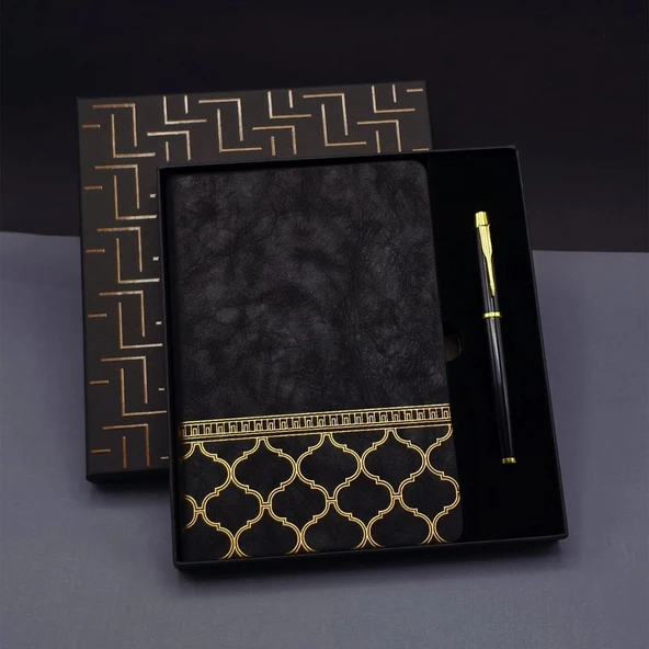 Gold Desen Siyah Deri Defter Kalem Set ürün görseli 1
