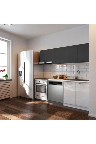 Tdesigno Puka Hazır Mutfak Dolabı 200cm Parlak-Beyaz Laminat Tezgah Dahil-Bulaşık Makinesi Yeri Mevcut-Parlak ürün görseli 1