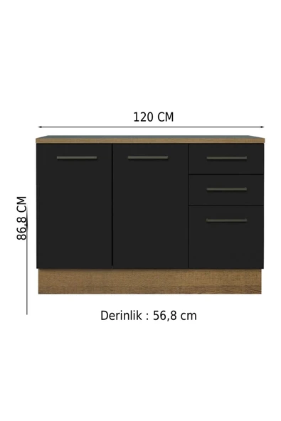 Tdesigno Yale Mutfak Alt Modül 3 Çekmeceli -2 Kapaklı-120 Cm -tezgah Dahil ürün görseli 1