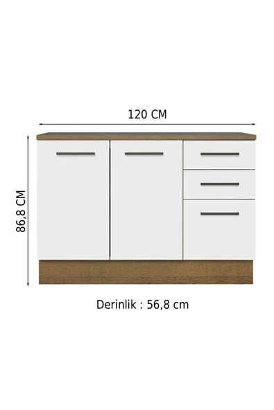 Tdesigno Yale Mutfak Alt Modül 3 Çekmeceli -2 Kapaklı-120 Cm -tezgah Dahil ürün görseli 1