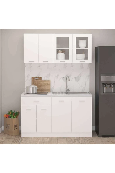 Tdesigno Persephone Hazır Mutfak Dolabı-Çok Amaçlı Dolap 140 cm Beyaz Ve Beyaz Tezgah Dahil ürün görseli 1