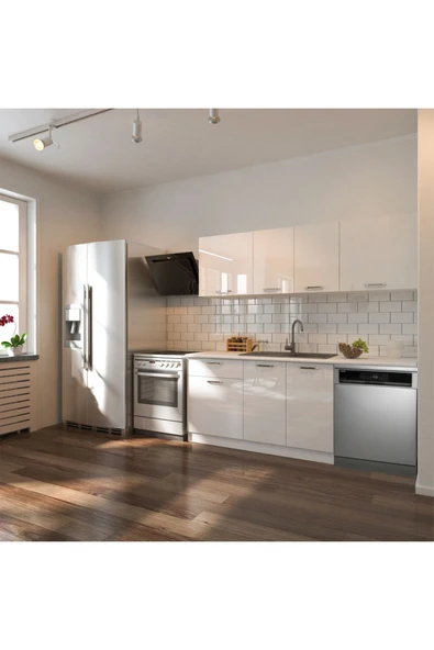 Tdesigno Fier Hazır Mutfak Dolabı 200 cm Parlak-Beyaz Laminat Tezgah Dahil-Bulaşık Makinesi Yeri Mevcut ürün görseli 1