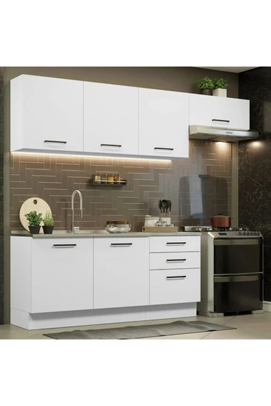 Tdesigno Arp Hazır Mutfak Dolabı-Çok Amaçlı Dolap 240 cm Beyaz Ve Beyaz Laminat Tezgah Dahil ürün görseli 1