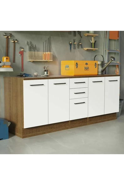Tdesigno Vant Mutfak 4 Kapaklı-3 Çekmeceli Alt Modül -200 cm - Çok Amaçlı Dolap -Beyaz-Tezgah Dahil ürün görseli 1