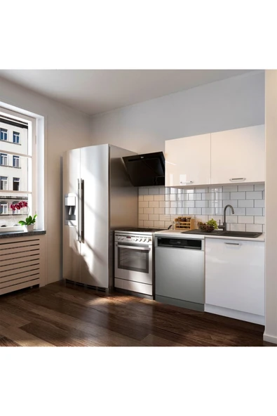 Tdesigno Manza Hazır Mutfak Dolabı 120cm - Parlak-Beyaz Laminat Tezgah Dahil-Bulaşık Makinesi Yeri Mevcut ürün görseli 1