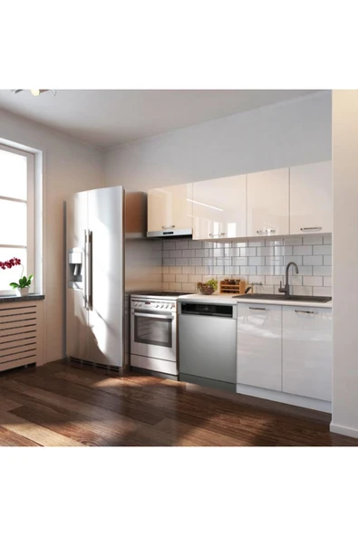 Tdesigno Puka Hazır Mutfak Dolabı 200cm Parlak-Beyaz Laminat Tezgah Dahil-Bulaşık Makinesi Yeri Mevcut-Parlak ürün görseli 1