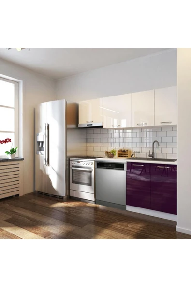 Tdesigno Puka Hazır Mutfak Dolabı 200cm Parlak-Beyaz Laminat Tezgah Dahil-Bulaşık Makinesi Yeri Mevcut-Parlak ürün görseli 1
