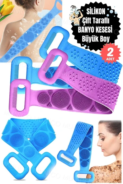 2 Adet Çift Taraflı Peeling ve Banyo İçin İdeal 70 cm Silikon Banyo Kesesi Silikon Sırt Masaj Fırça ürün görseli 1