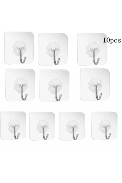 10 Adet 6x6cm Kendinden Yapışkanlı Şeffaf Güçlü Askı Kapı Duvar Askıları Ağır Yük Taşıma Askısı ürün görseli 1