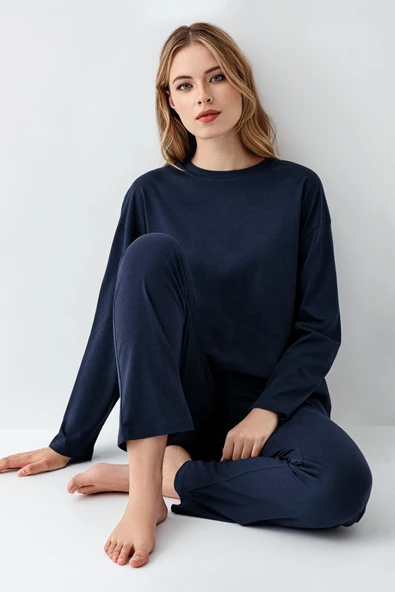 Arnetta Kadın Modal Pamuklu Bisiklet Yaka Uzun Kollu Rahat Düz Pijama Takım ürün görseli 1