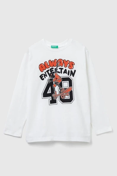 United Colors of Benetton Erkek Çocuk 3JERC10QO-25K  Uzun Kol Tshirt Beyaz ürün görseli 1