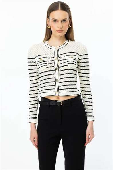 Çizgili Crop Krem Kadın Hırka 53901-2Y5 ürün görseli 1