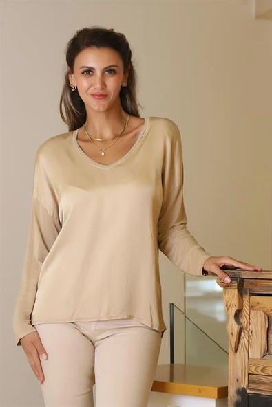 V YAKA UZUN KOLLU CAMEL KADIN BLUZ  797303-2Y5 ürün görseli 1