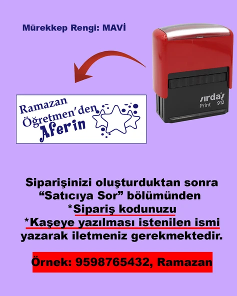 Öğretmen Kaşesi - Öğretmen'den Aferin, 912 (51mmx19mm) Mavi Keçeli Otomatik Kaşe ürün görseli 1