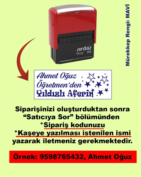 Öğretmen Kaşesi - Öğretmen'den Yıldızlı Aferin, 912 (51mmx19mm) Mavi Keçeli Otomatik Kaşe ürün görseli 1