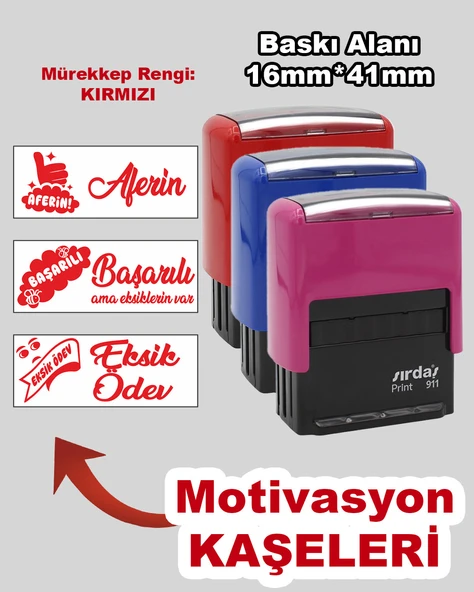 Öğretmen Motivasyon Kaşe Seti, 911 (16mm x 41mm) Kırmızı Keçeli Otomatik Kaşe ürün görseli 1