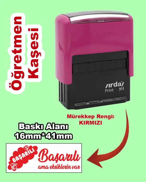 Öğretmen Motivasyon Kaşesi - Başarılı, 911 (16mm x 41mm) Kırmızı Keçeli Otomatik Kaşe ürün görseli 1