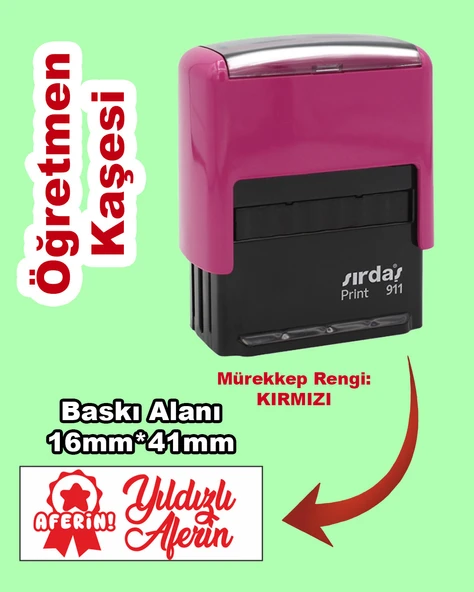 Öğretmen Motivasyon Kaşesi - Yıldızlı Aferin, 911 (16mm x 41mm) Kırmızı Keçeli Otomatik Kaşe ürün görseli 1