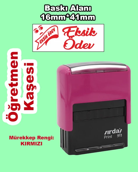 Öğretmen Motivasyon Kaşesi - Eksik Ödev, 911 (16mm x 41mm) Kırmızı Keçeli Otomatik Kaşe ürün görseli 1